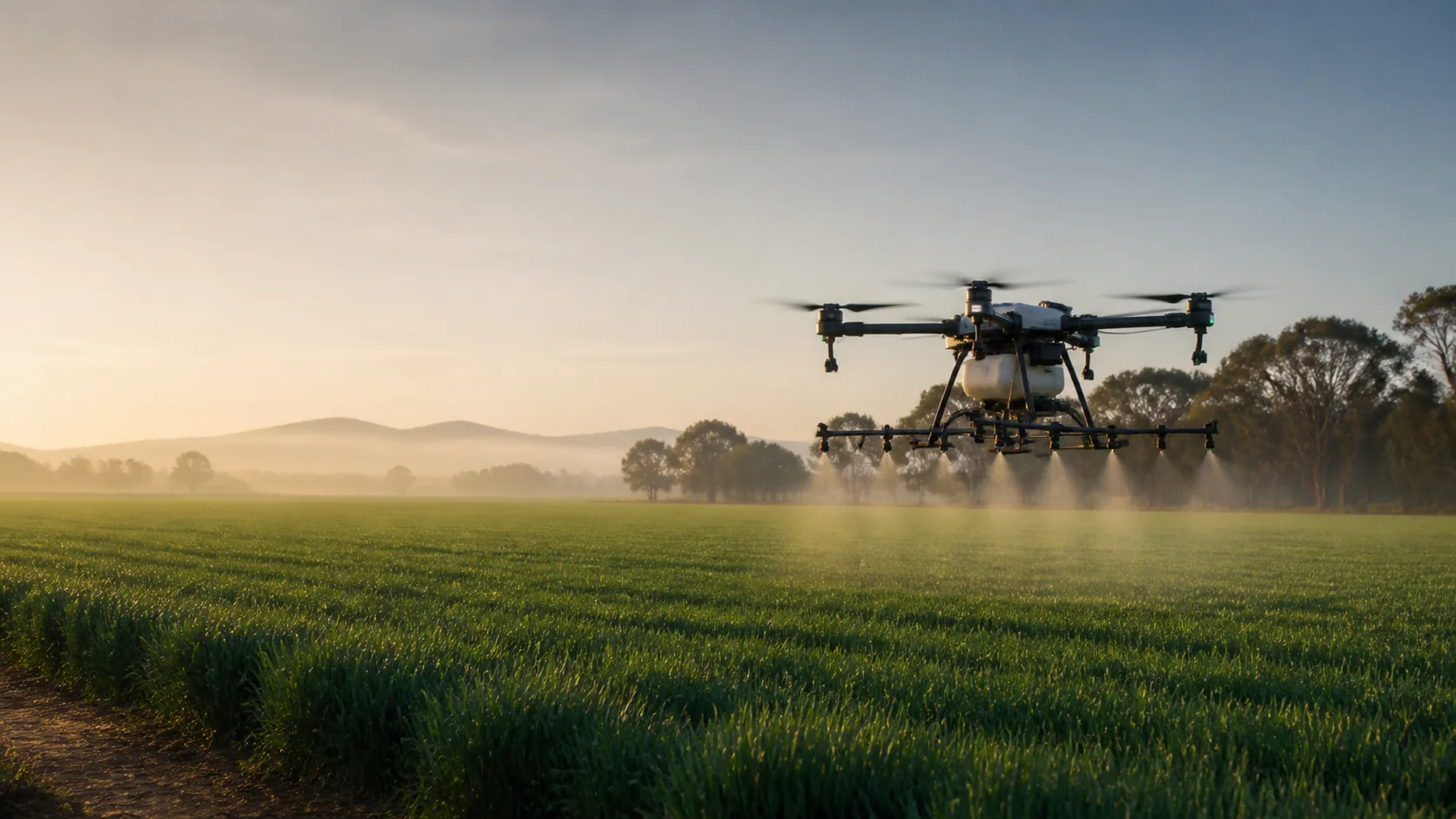Agricultural spraying drone operating over an Australian paddock