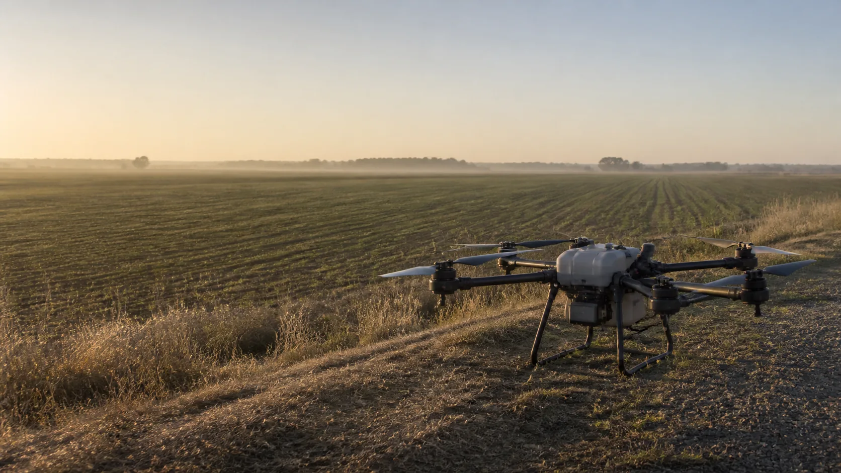 Agricultural drone beside an Australian field at first light